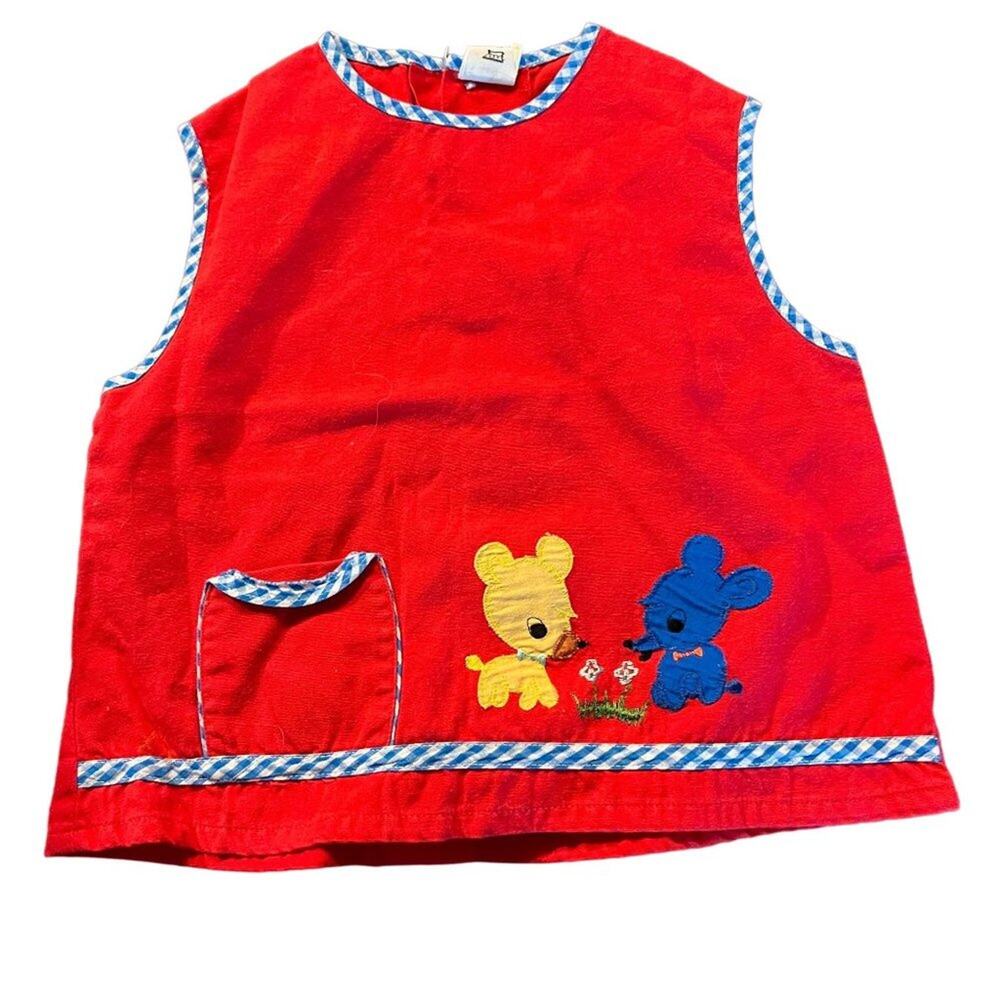 Original Vintage 1960 Baby Dress Pinafore Childrens Size 80 Red Yellow Blue Dog